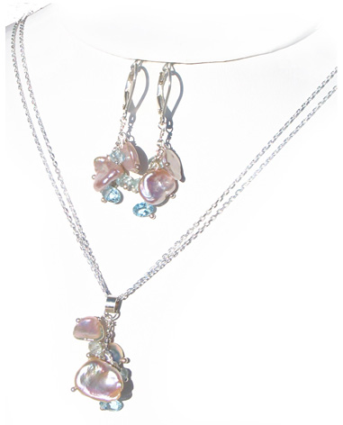 keshi pearl and aquamarine pendant earrings set with double silver chain